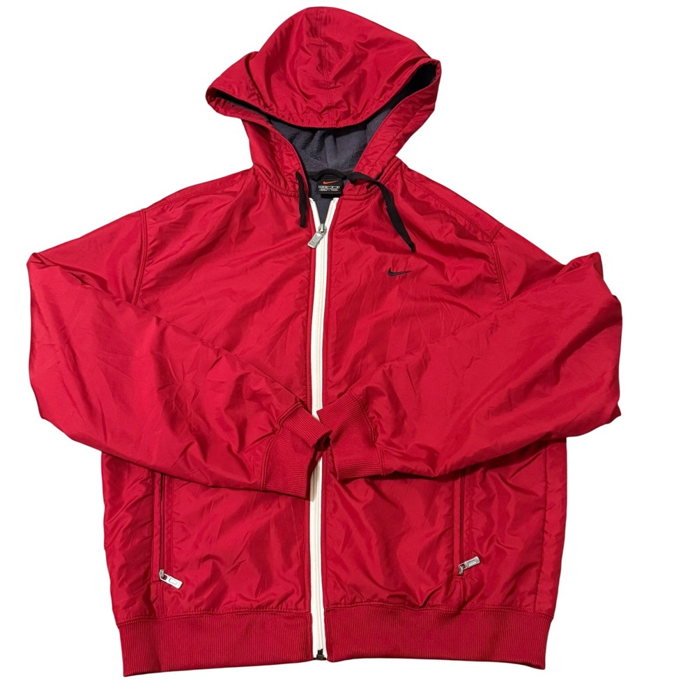 Vintage Nike Kid Red Full Zip Fleece‎ Lined Hooded Windbreaker Jacket Sz L 12-14